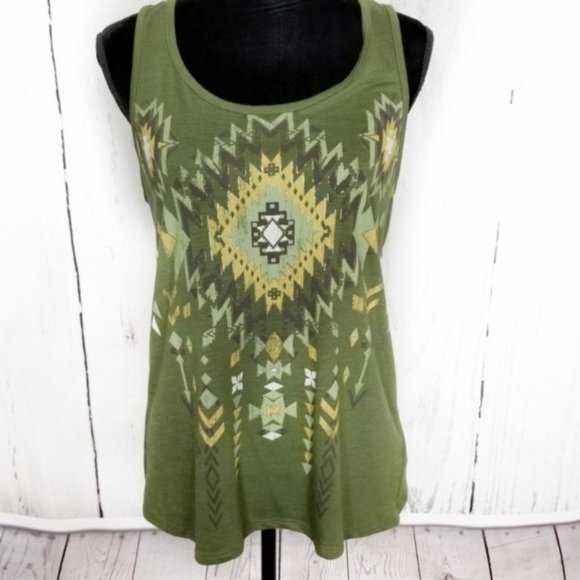 Tru Self Tops - Tank Top Distressed Southwest Design Green Hi Low